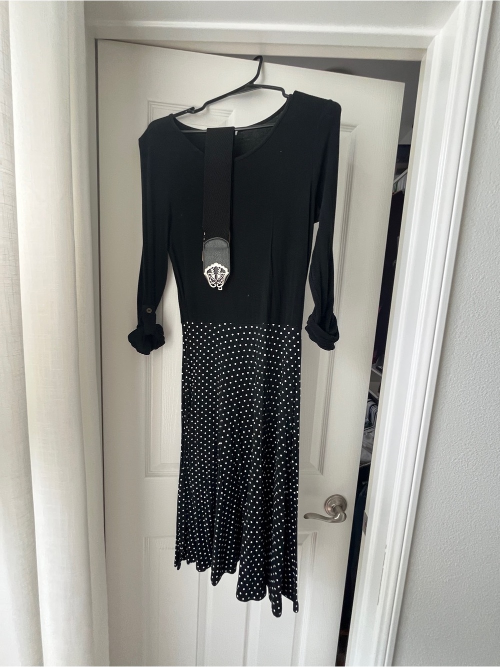 Black Polka Dot Mid-Length Dress with 3/4 Sleeves